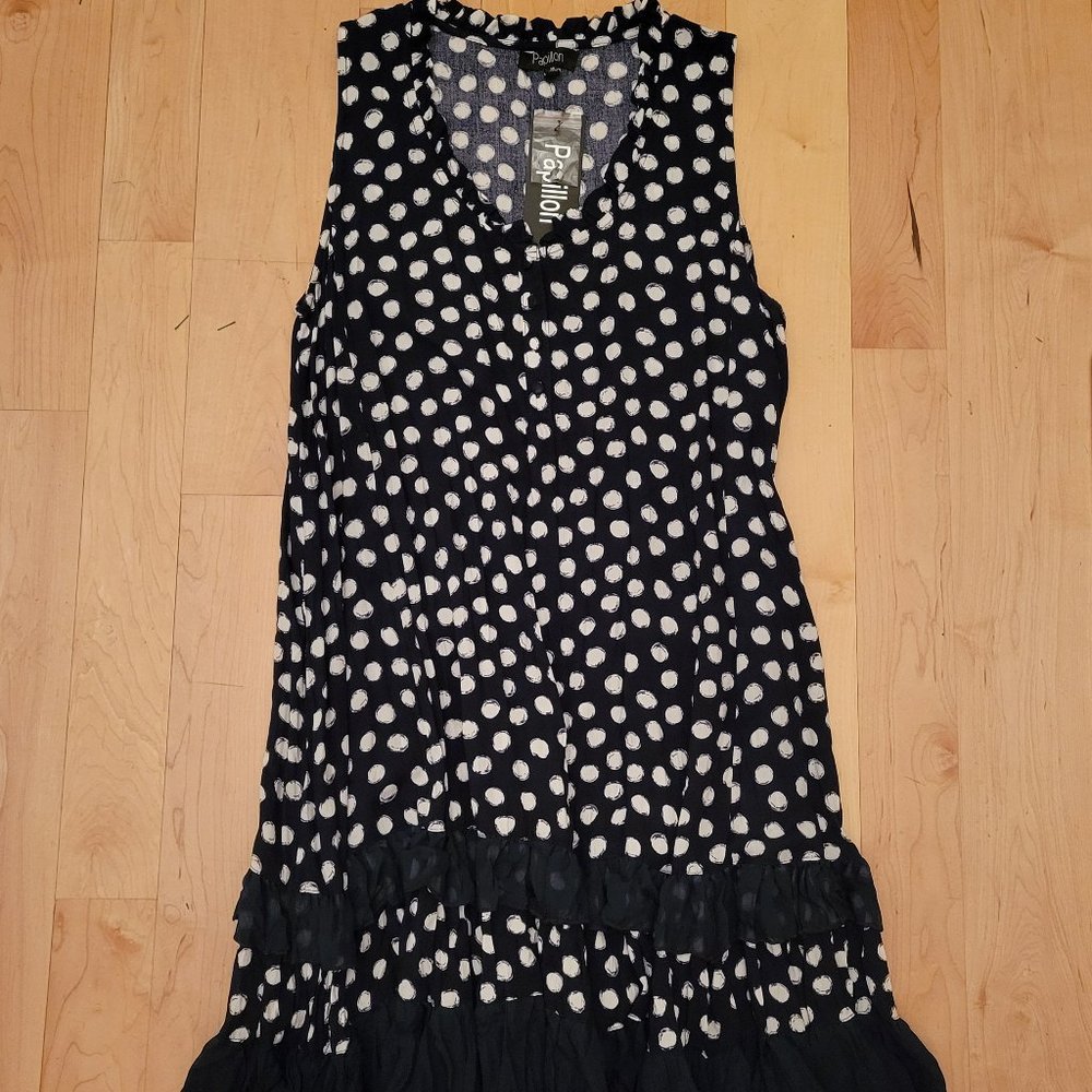 Papillon Navy Polka Dot Tiered Ruffled Dress NWT size M
